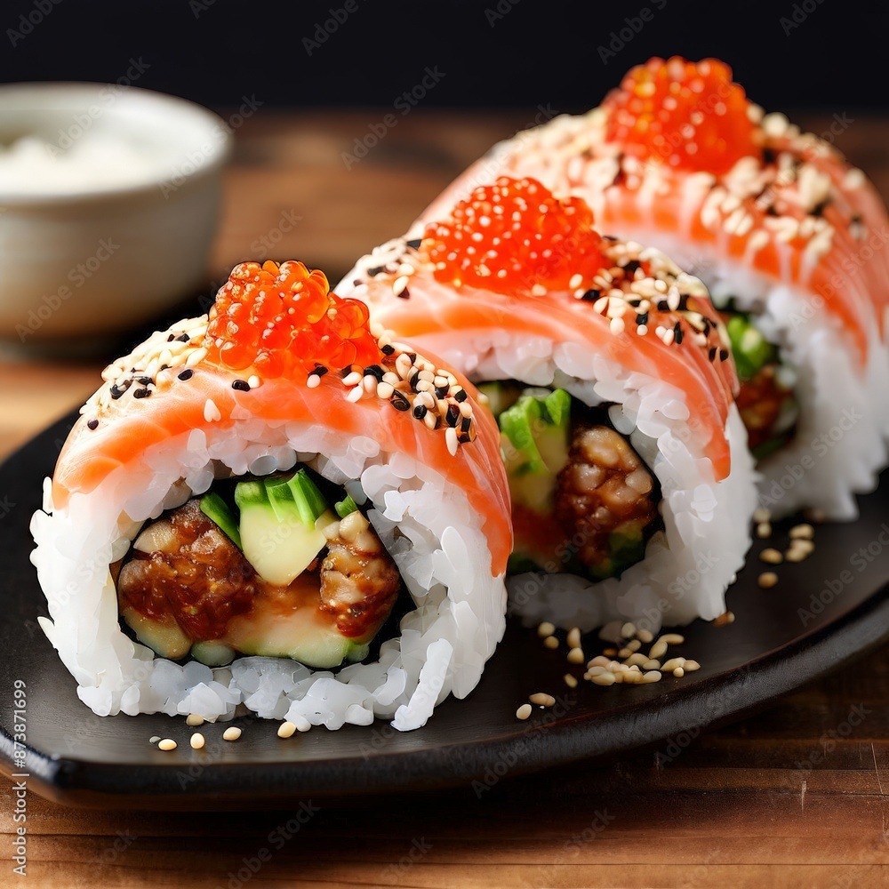 Close Up of Salmon Sushi Rolls with Tobiko. Close Up of Salmon Sushi Rolls with Tobiko.
