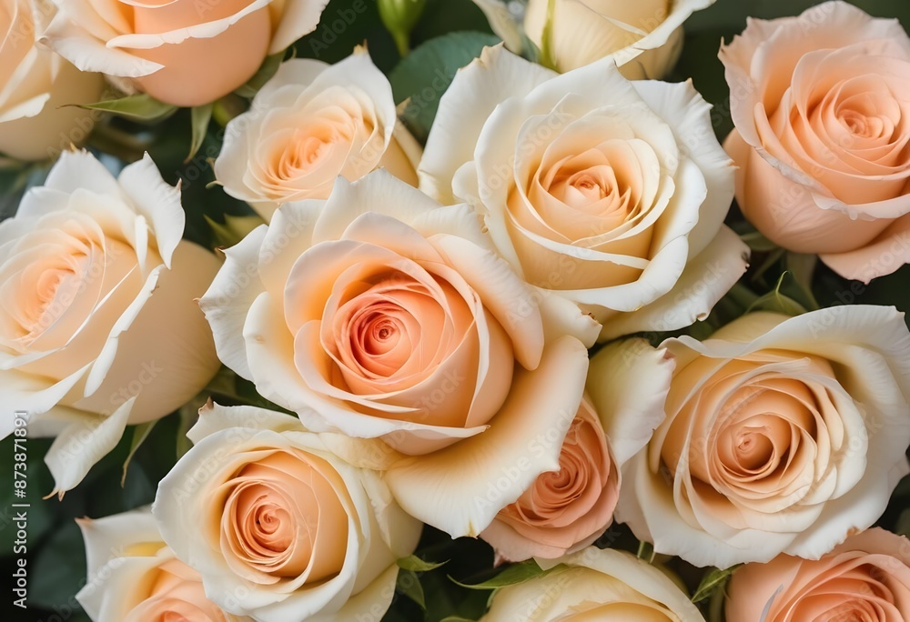 A close-up view of a bouquet of beautiful white and peach roses with soft, delicate petals arranged in a lush, floral pattern, blue, pink, purple, white roses A close-up view of a bouquet of beautiful white and peach roses with soft, delicate petals arranged in a lush, floral pattern, blue, pink, purple, white roses