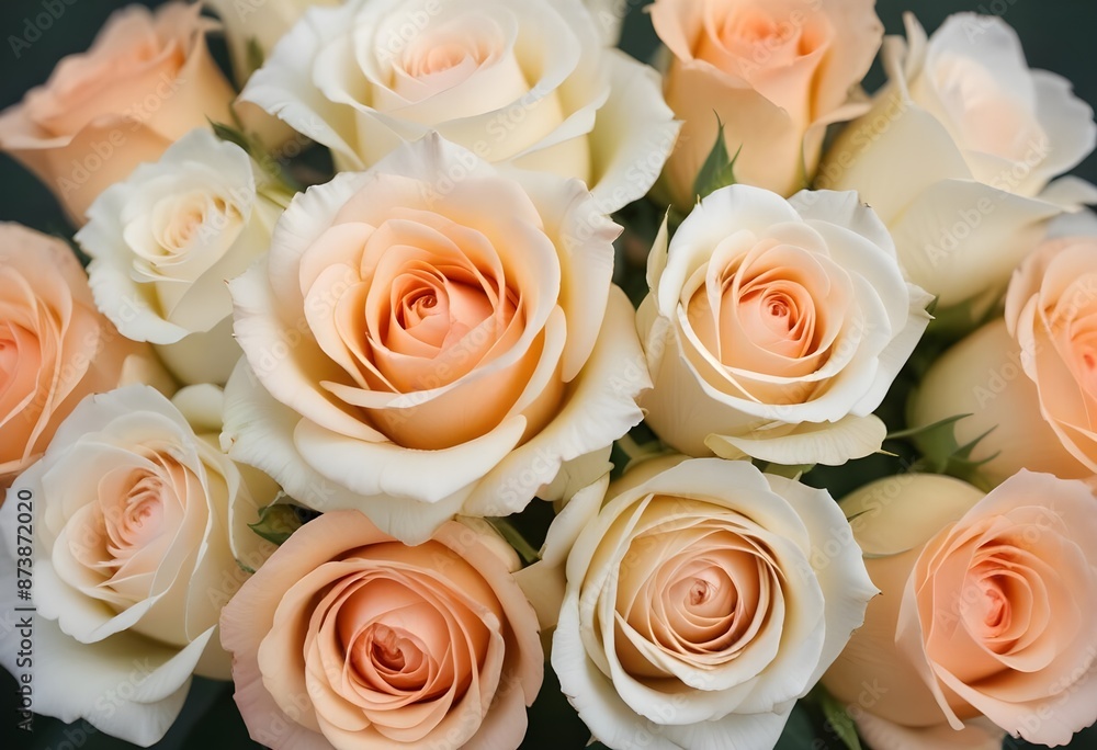 A close-up view of a bouquet of beautiful white and peach roses with soft, delicate petals arranged in a lush, floral pattern, blue, pink, purple, white roses A close-up view of a bouquet of beautiful white and peach roses with soft, delicate petals arranged in a lush, floral pattern, blue, pink, purple, white roses