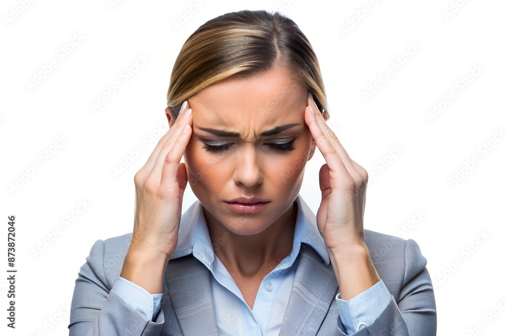 Office Worker with Headache – Female A portrait of a female office worker, holding her temples and showing signs of a headache, isolated on a white background Office Worker with Headache – Female A portrait of a female office worker, holding her temples and showing signs of a headache, isolated on a white background