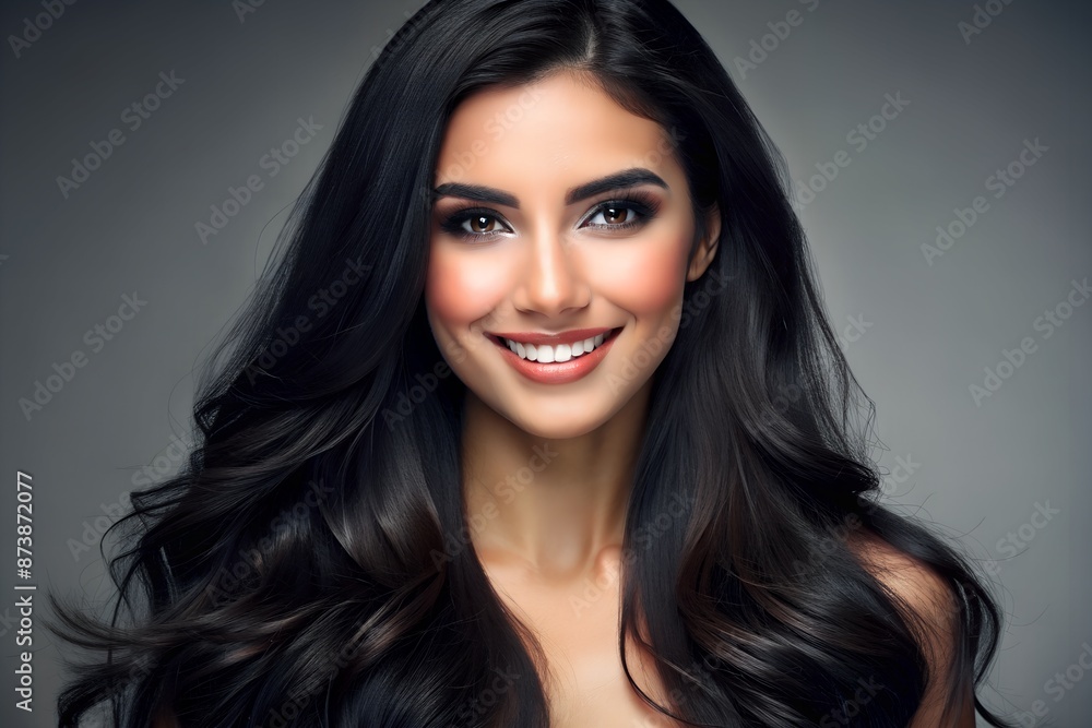 Portrait young smiling woman long black hair skin care beauty skincare cosmetics grey background copy space Portrait young smiling woman long black hair skin care beauty skincare cosmetics grey background copy space