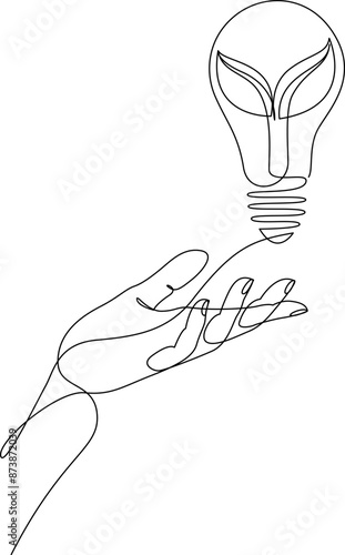 Continuous line drawing of human hand holding light bulb with plant inside. Green energy concept. Minimal style vector illustration. Editable stroke.