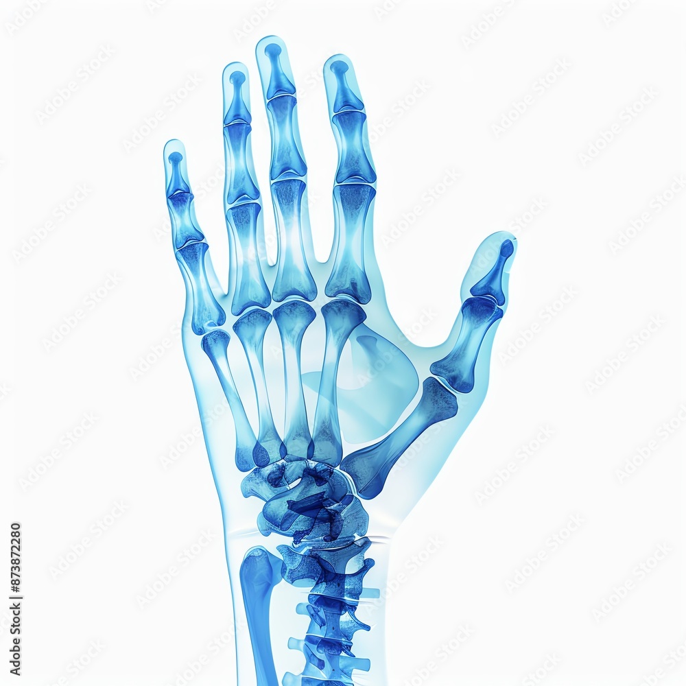 High-resolution X-ray image of a human hand showing bones and joints in ...