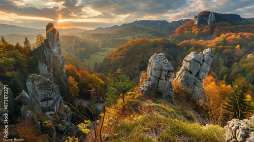 Fototapeta Naklejka Na Ścianę i Meble -  In Poland's Pieniny mountains, there are limestone rocks called 