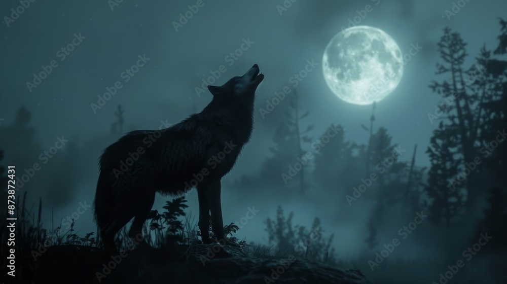 Wolf Howling at the Moon in a Foggy Forest. Wolf Howling at the Moon in a Foggy Forest.