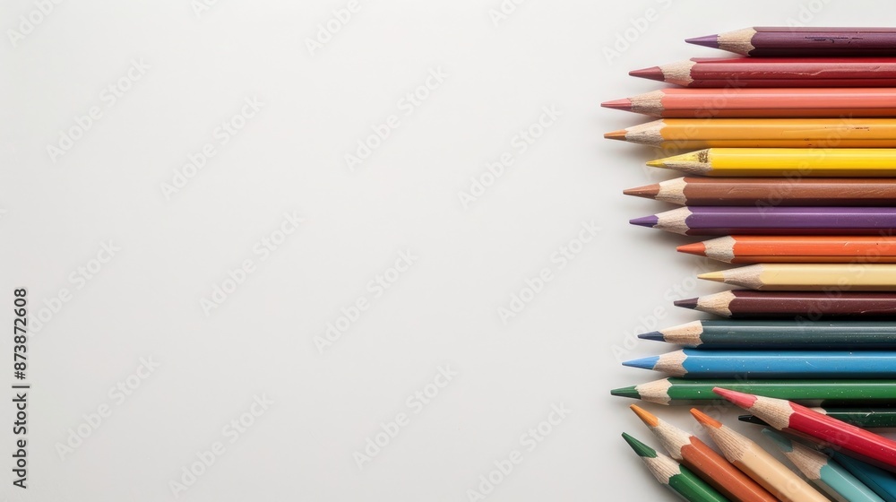 Top view of colored pencils on white background with copy space Top view of colored pencils on white background with copy space