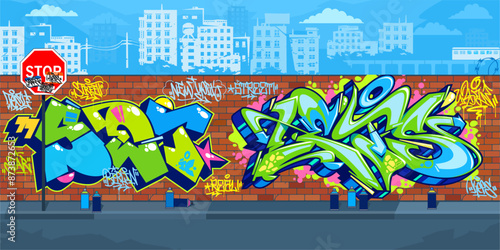 Trendy Outdoor Urban Graffiti Wall With Street Art Drawings Against The Background Of The Cityscape