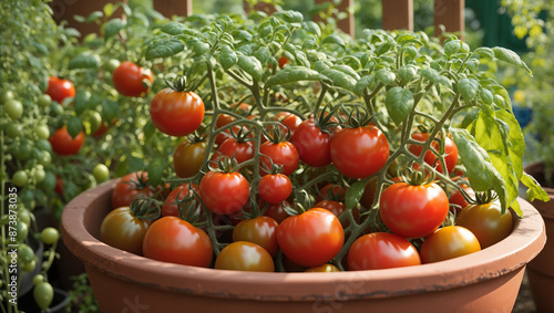 A large terracotta pot filled with a tomato plant. It has many ripe red tomatoes and green ones that are still growing.

