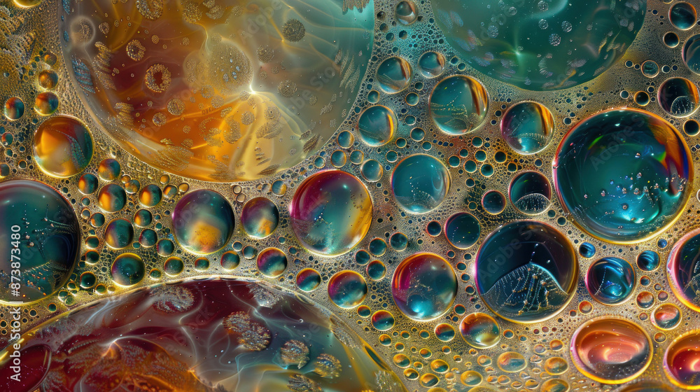 Oil and water bubbles dance together, creating a mesmerizing symphony of colors. Their vibrant shades and intricate patterns captivate the eye, offering a breathtaking display of nature's artistry. Oil and water bubbles dance together, creating a mesmerizing symphony of colors. Their vibrant shades and intricate patterns captivate the eye, offering a breathtaking display of nature's artistry.