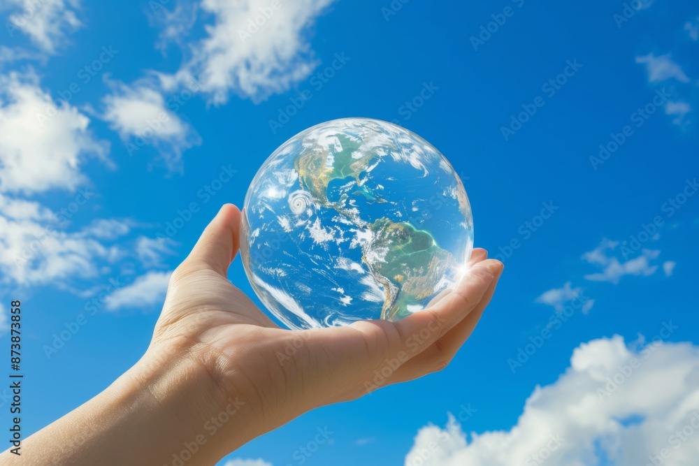 Human hands hold a glass globe against a clear blue sky background. This image conveys a powerful message about environmental care and the urgency of protecting our planet. Human hands hold a glass globe against a clear blue sky background. This image conveys a powerful message about environmental care and the urgency of protecting our planet.