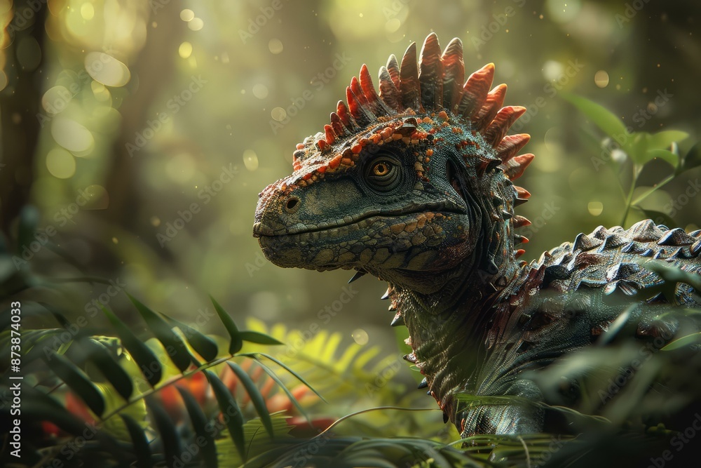 Fototapeta premium Digital art of a realistic dinosaur amidst a sunlit forest, evoking prehistoric ambiance