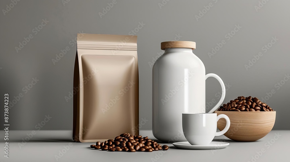Modern coffee setup with beans, packaging bag, ceramic jar, and white cup on a minimalist background. Perfect for cafes and coffee shops. Modern coffee setup with beans, packaging bag, ceramic jar, and white cup on a minimalist background. Perfect for cafes and coffee shops.