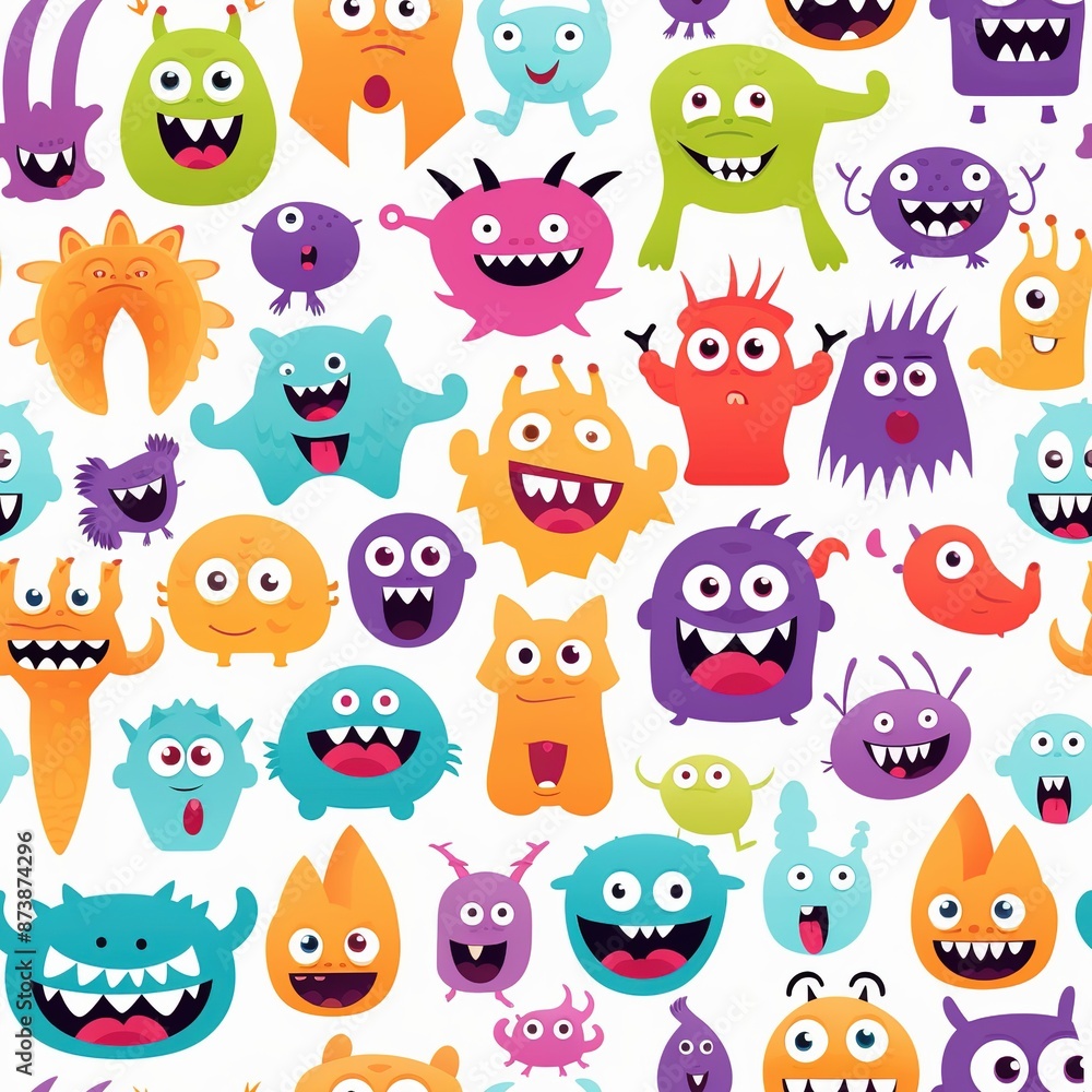 Happy Halloween. A pattern with colorful cartoon monsters on a white background. Cute kawaii cartoon character, scary and funny kid. Eyes, tongue, fang, raised hands. Flat design. White background. Happy Halloween. A pattern with colorful cartoon monsters on a white background. Cute kawaii cartoon character, scary and funny kid. Eyes, tongue, fang, raised hands. Flat design. White background.