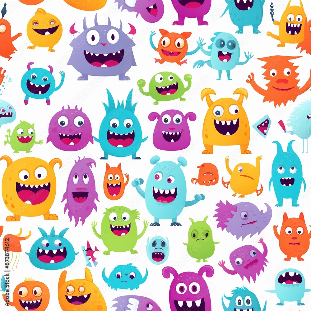 Happy Halloween. A pattern with colorful cartoon monsters on a white background. Cute kawaii cartoon character, scary and funny kid. Eyes, tongue, fang, raised hands. Flat design. White background. Happy Halloween. A pattern with colorful cartoon monsters on a white background. Cute kawaii cartoon character, scary and funny kid. Eyes, tongue, fang, raised hands. Flat design. White background.