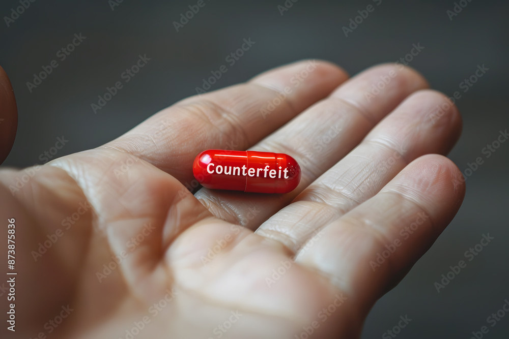 Close-up of fingers holding a red capsule with the word 