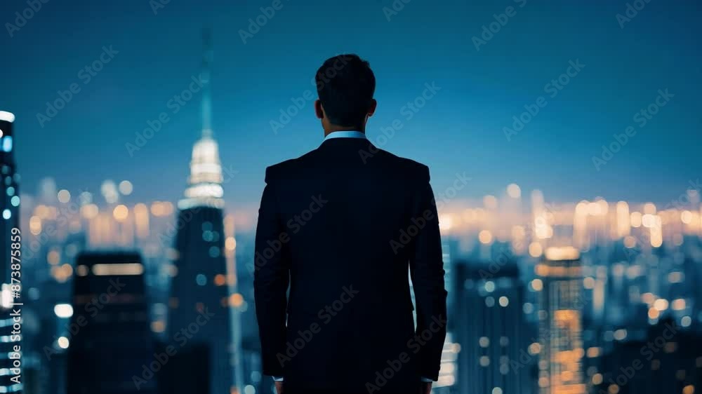 A business man standing with cityscape background A business man standing with cityscape background