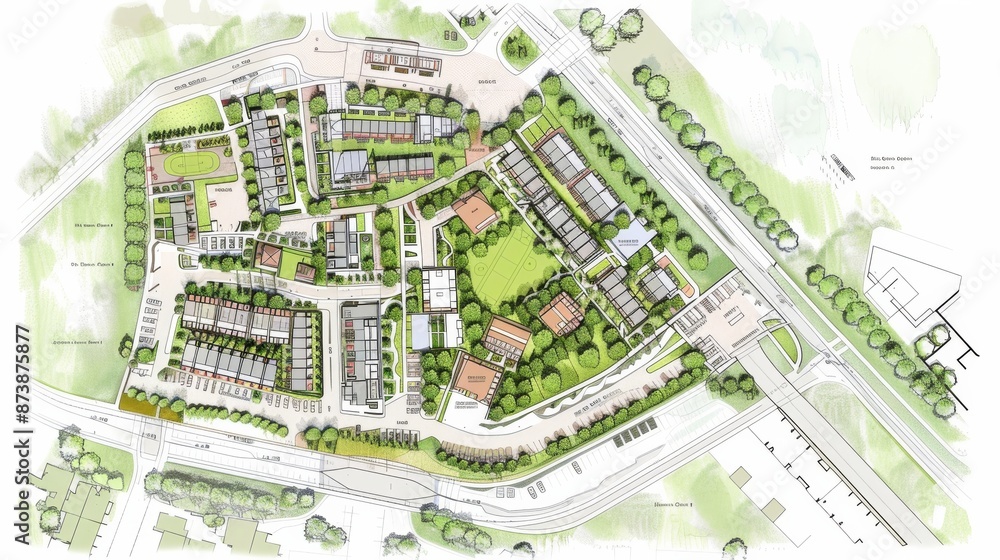 Fototapeta premium An urban design featuring a mix of buildings and trees, creating a scenic landscape from a birds eye view. The buildings are arranged in a rectangular pattern interspersed with lush green vegetation