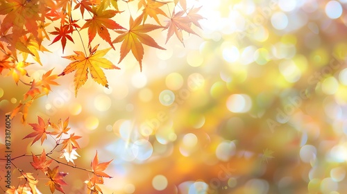 Vibrant Autumn Web Banner with Red and Yellow Maple Leaves on Soft Focus Light Bokeh Background for End-Year Activities © Thavesak