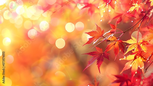 Autumn Splendor Web Banner with Red and Yellow Maple Leaves in Soft Light and Bokeh Effect for End Year Celebration © Thavesak