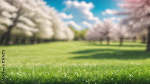 Beautiful blurred background image of spring nature with a neatly trimmed lawn surrounded by trees against a blue sky with clouds on a bright sunny day. Generative AI