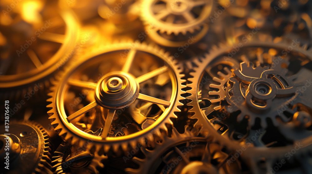 Closeup view of interconnected golden gears and cogs with intricate details. Industrial machinery, mechanical engineering, teamwork, precision, technology background, industry concept.