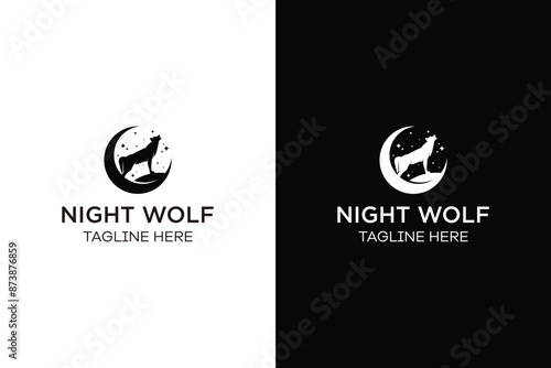 silhouette illustration of Howling Wolf with Moon logo design