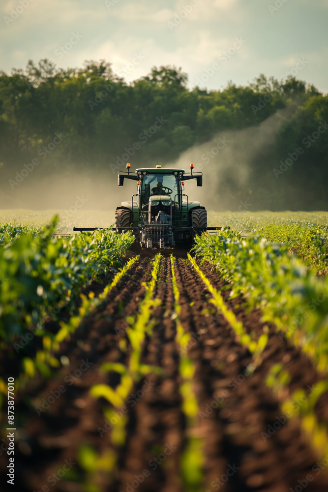 Tractor cultivating green crops in a vast agricultural field under a partly cloudy sky. Farming, agriculture, crop cultivation, rural landscape, mechanized farming, food production. Tractor cultivating green crops in a vast agricultural field under a partly cloudy sky. Farming, agriculture, crop cultivation, rural landscape, mechanized farming, food production.