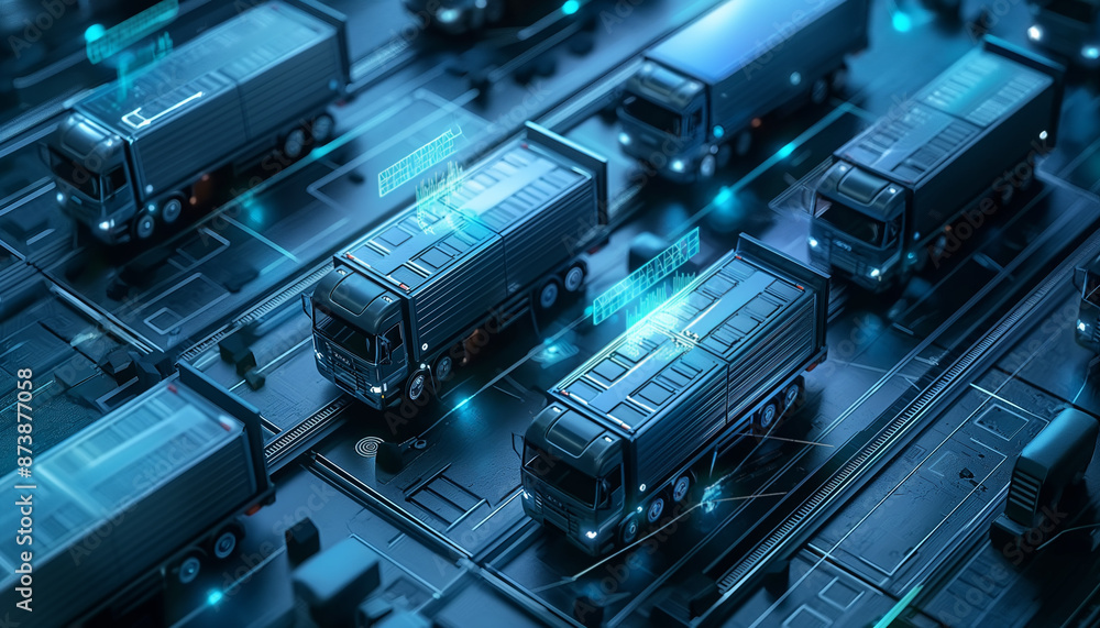 High tech autonomous trucks with advanced AI systems on futuristic highways, glowing holographic data overlays. AI technology evolution, autonomous vehicles, transportation, logistics High tech autonomous trucks with advanced AI systems on futuristic highways, glowing holographic data overlays. AI technology evolution, autonomous vehicles, transportation, logistics