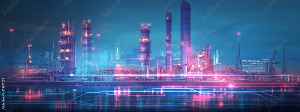 Obraz premium Futuristic industrial factory at night with bright neon lights and digital interface overlay. Industry 4.0, modern technology, manufacturing, digital transformation, automation concept.