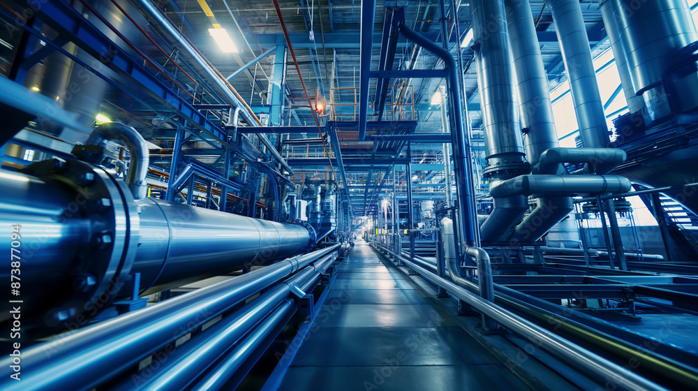 Industrial factory interior with complex network of metallic pipes, systems, and machinery. Manufacturing processes, industrial engineering, production line, heavy industry, technology concept. Industrial factory interior with complex network of metallic pipes, systems, and machinery. Manufacturing processes, industrial engineering, production line, heavy industry, technology concept.