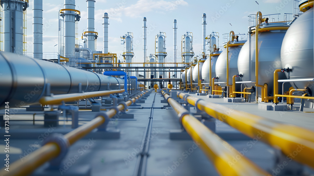 hydrogen gas facility, stacks of pipes and large holding tanks, clean and modern hydrogen gas facility, stacks of pipes and large holding tanks, clean and modern