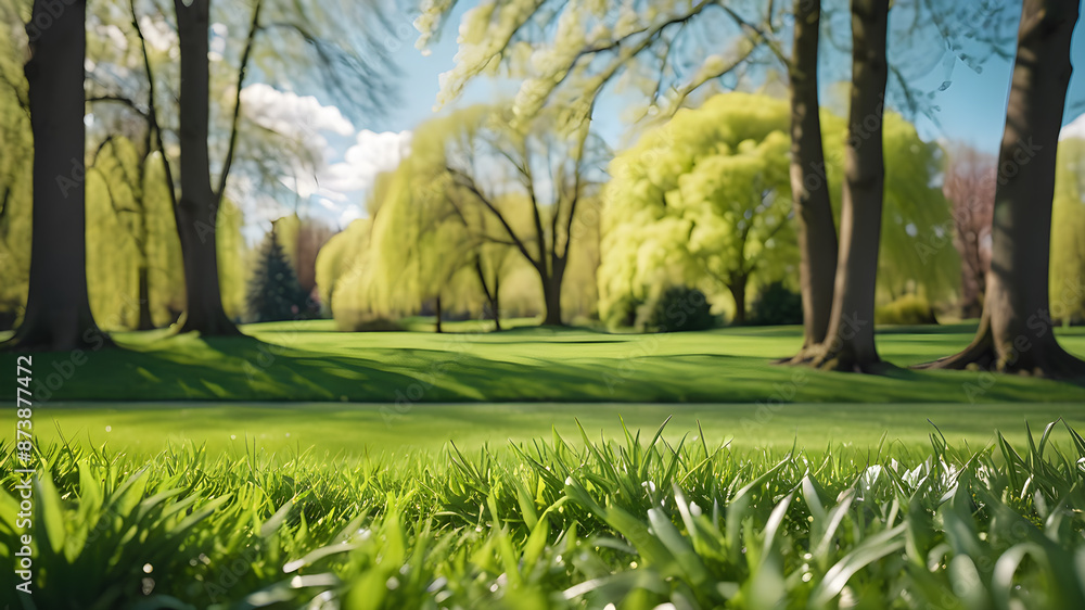 Beautiful blurred background image of spring nature with a neatly trimmed lawn surrounded by trees against a blue sky with clouds on a bright sunny day. Generative AI Beautiful blurred background image of spring nature with a neatly trimmed lawn surrounded by trees against a blue sky with clouds on a bright sunny day. Generative AI