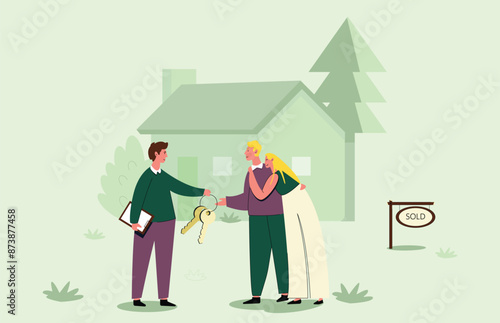 Buying a house family. Happy couple bought a house. House sold. Mortgage started. 