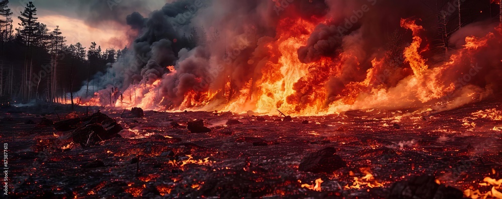 Mid-range view of a wildfire's path through a forest, intense blaze, smoky atmosphere, realistic fire behavior, vivid details, cinematic scope Mid-range view of a wildfire's path through a forest, intense blaze, smoky atmosphere, realistic fire behavior, vivid details, cinematic scope