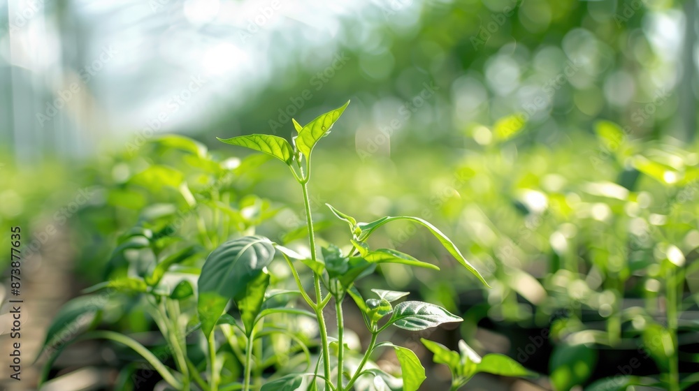 Selective focus on pepper seedlings in greenhouse with empty space Selective focus on pepper seedlings in greenhouse with empty space