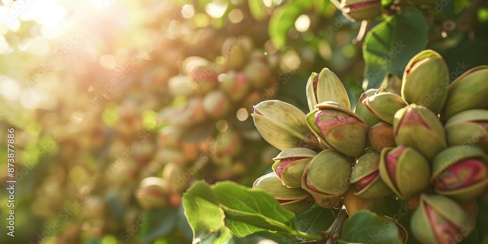 Sunlit Pistachio Tree Branch with Ripening Nuts in Beautiful Nature Setting. Agriculture, organic farming, nut cultivation, botanical studies, nature photography concept. Sunlit Pistachio Tree Branch with Ripening Nuts in Beautiful Nature Setting. Agriculture, organic farming, nut cultivation, botanical studies, nature photography concept.