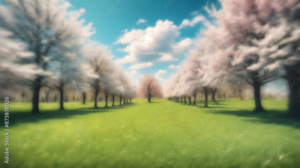 Beautiful blurred background image of spring nature with a neatly trimmed lawn surrounded by trees against a blue sky with clouds on a bright sunny day. Generative AI Beautiful blurred background image of spring nature with a neatly trimmed lawn surrounded by trees against a blue sky with clouds on a bright sunny day. Generative AI