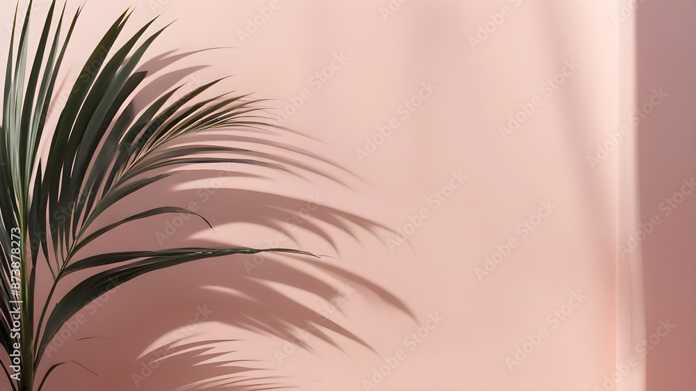 Blurred shadow from palm leaves on the light pink wall. Minimal abstract background for product presentation. Generative AI Blurred shadow from palm leaves on the light pink wall. Minimal abstract background for product presentation. Generative AI