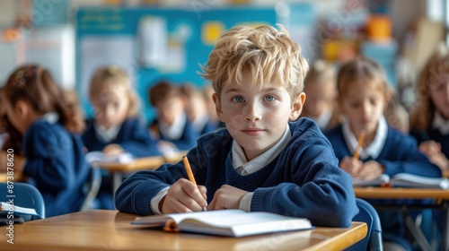 Focused boy writing in classroom. Back to school.

