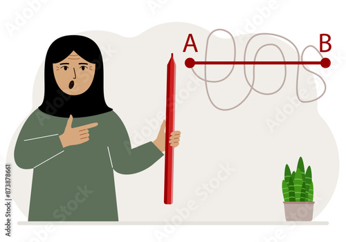 A woman with a red pencil in his hand. A line is drawn from point A to point B, a straight and difficult path, the shortest distance to the goal, an easy or short path to success in business and life.