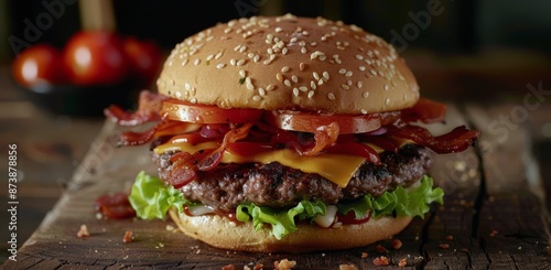 Close Up of a Juicy Bacon Cheeseburger With Tomatoes and Lettuce
