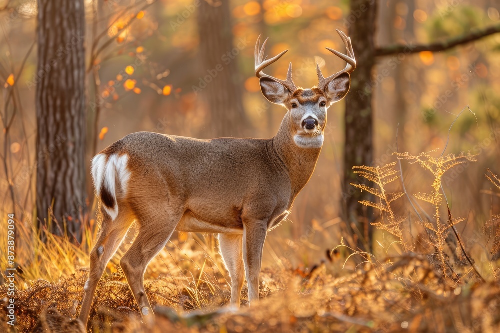 Doe Whitetail Deer. Large Buck with Massive Antlers in Rut, Cervid Animal in Wild Forest Doe Whitetail Deer. Large Buck with Massive Antlers in Rut, Cervid Animal in Wild Forest