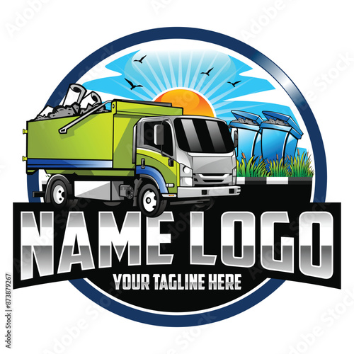Modern garbage truck illustration. Illustration vector graphic of junk removal solution services logo design template. Junk truck logo design