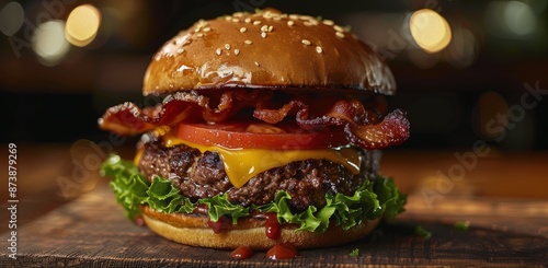 Close Up of a Juicy Bacon Cheeseburger With Tomatoes and Lettuce