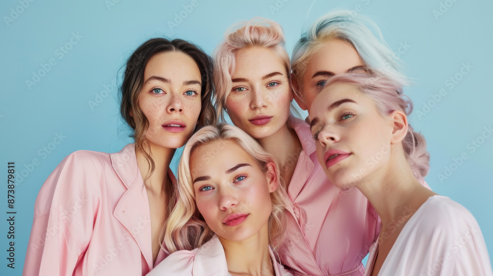 Young beautiful women in light pink clothes posing on a blue background. Stylish girlfriends spend time together indoors. Beauty and fashion concept. Young beautiful women in light pink clothes posing on a blue background. Stylish girlfriends spend time together indoors. Beauty and fashion concept.