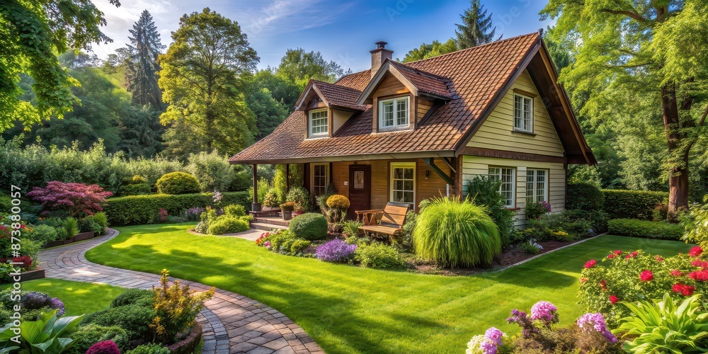 Cozy house nestled in a lush garden setting, house, garden, cozy, home, exterior, outdoor, nature, peaceful, tranquil Cozy house nestled in a lush garden setting, house, garden, cozy, home, exterior, outdoor, nature, peaceful, tranquil