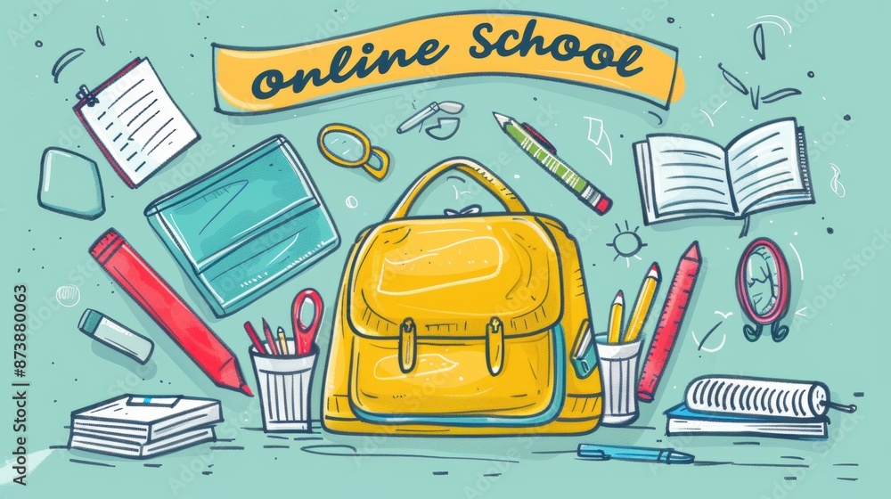 Illustrated Online School Supplies with Yellow Backpack. Back to school. ONLINE SCHOOL banner, poster.
Illustrated Online School Supplies with Yellow Backpack. Back to school. ONLINE SCHOOL banner, poster.