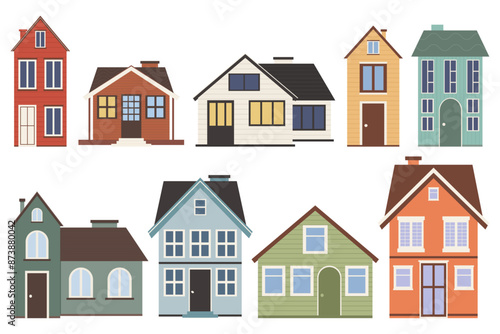 Set of cute vector houses of different colors in a cartoon style