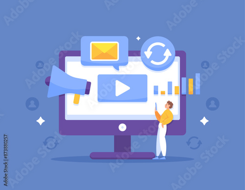 marketing automation concept. a system for marketing automatically, repetitively and more efficiently. digital marketing and technology. illustration of man with computer monitor. flat style design