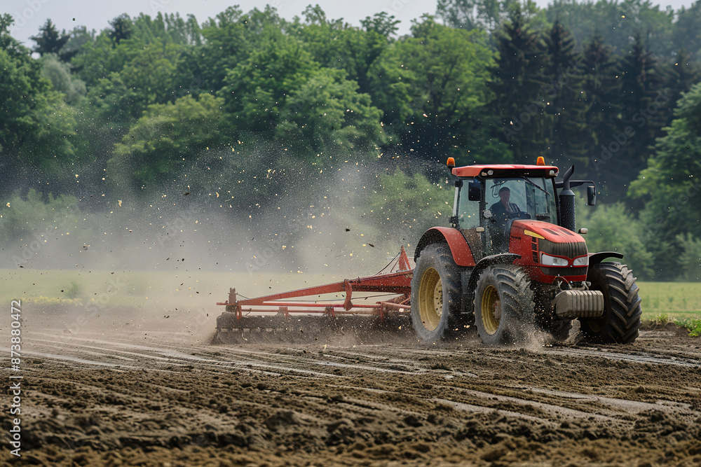 Fototapeta premium Tractor plowing field with dust rising, organic farming concept.